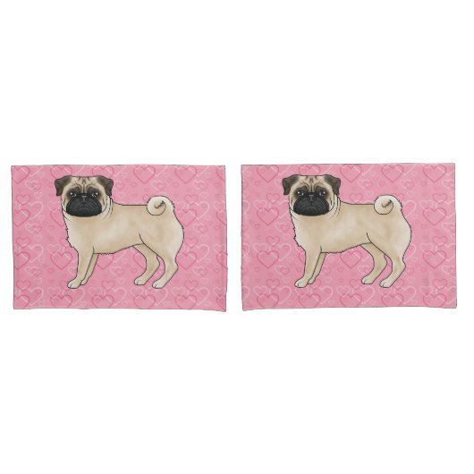 Fawn Pug Dog Cartoon Mops Roze Liefde Hart Patroon Kussensloop (Voorkant-Set)