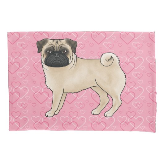 Fawn Pug Dog Cartoon Mops Roze Liefde Hart Patroon Kussensloop (Voorkant-Links)