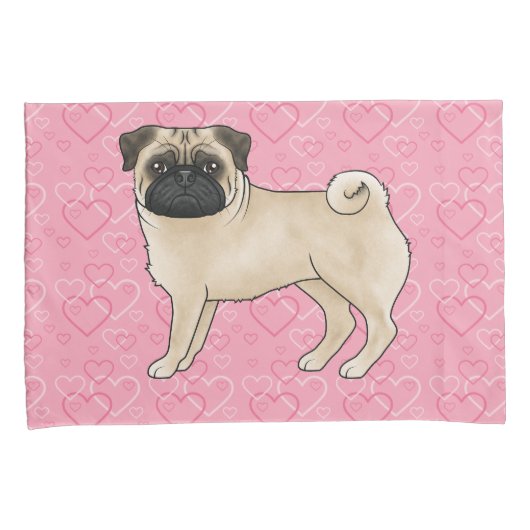 Fawn Pug Dog Cartoon Mops Roze Liefde Hart Patroon Kussensloop (Voorkant-Rechts)
