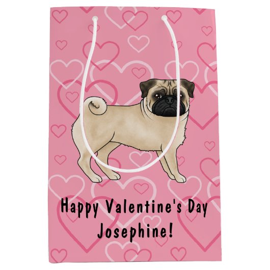 Fawn Pug Dog Cartoon Mops Roze Liefde Hart Patroon Medium Cadeauzakje (Voorkant)
