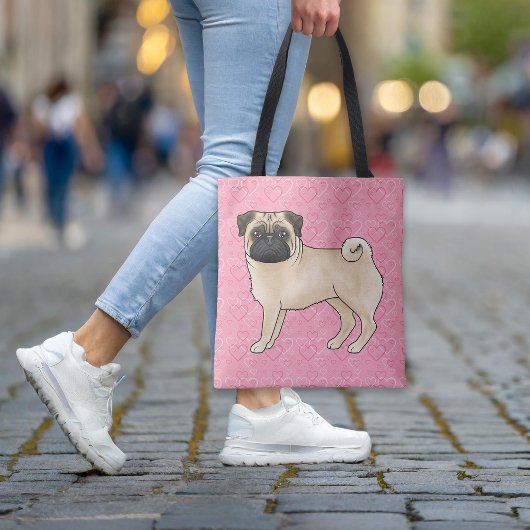 Fawn Pug Dog Cartoon Mops Roze Love Hearts Pattern Tote Bag