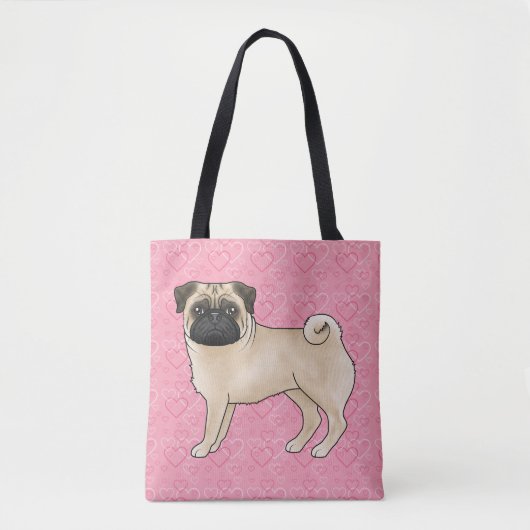 Fawn Pug Dog Cartoon Mops Roze Love Hearts Pattern Tote Bag (Voorkant)