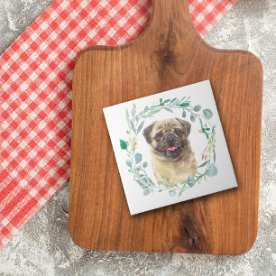 Fawn Pug Dog Green Wreater Ceramic Tegel Tegeltje