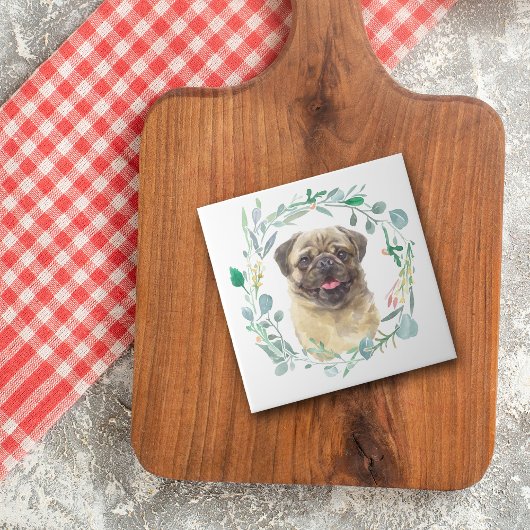 Fawn Pug Dog Green Wreater Ceramic Tegel Tegeltje