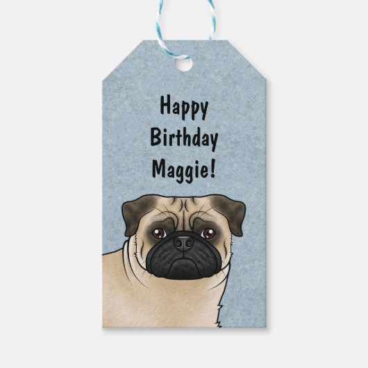 Fawn Pug Dog Head Close-up Happy Birthday Blauw Cadeaulabel (Voorkant)