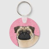Fawn Pug Dog Head Close-up op roze liefdesharten Sleutelhanger (Voorkant)