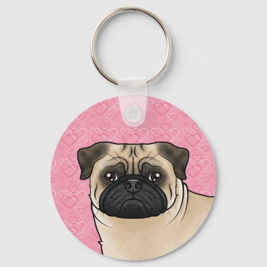 Fawn Pug Dog Head Close-up op roze liefdesharten Sleutelhanger (Voorkant)