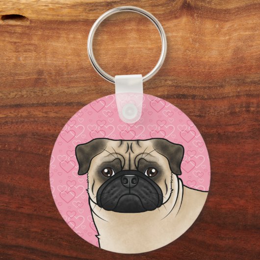 Fawn Pug Dog Head Close-up op roze liefdesharten Sleutelhanger (Voorkant)