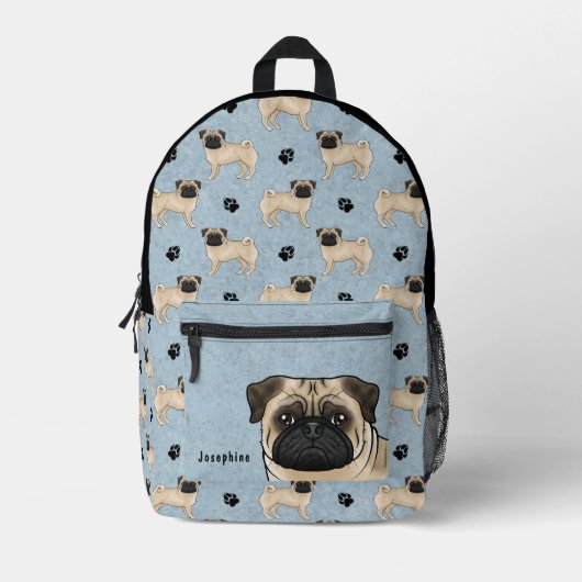 Fawn Pug Dog Mops Design Patroon met Naam Blauw Bedrukte Rugzak (Voorkant)