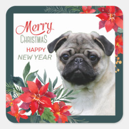 Fawn Pug Dog Poinsettia Bouquet Kerstmis Vierkante Sticker