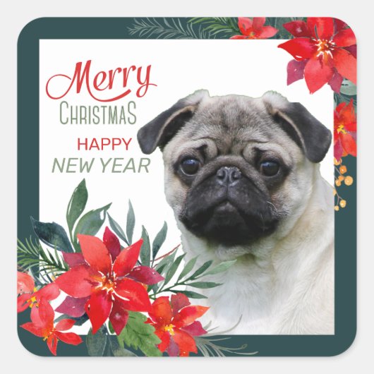 Fawn Pug Dog Poinsettia Bouquet Kerstmis Vierkante Sticker (Voorkant)
