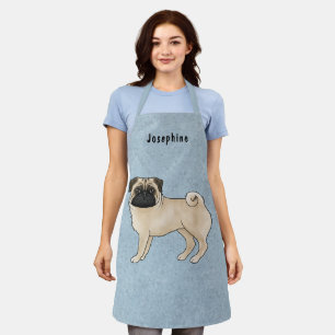 Fawn Pug Dog Schattige Cartoon Dog met Naam Blauw Schort