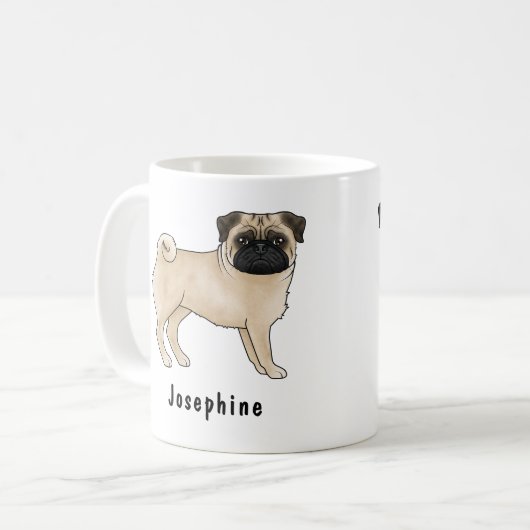 Fawn Pug Dog Schattige Cartoon Dog Mops met naam Koffiemok (Voorkant links)