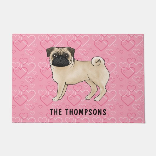 Fawn Pug Dog Schattige Mops en roze harten met naa Deurmat (Voorkant)