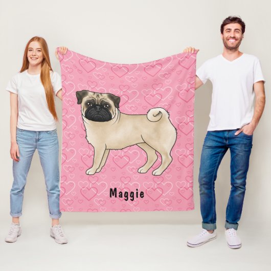 Fawn Pug Dog Schattige Mops en roze harten met naa Fleece Deken (In situ)