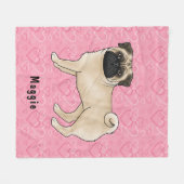 Fawn Pug Dog Schattige Mops en roze harten met naa Fleece Deken (Voorkant (Horizontaal))