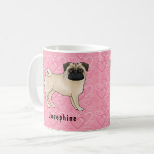 Fawn Pug Dog Schattige Mops en roze harten met naa Koffiemok