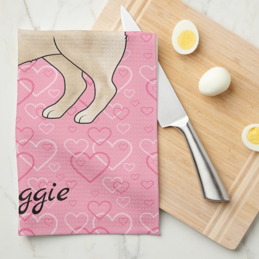 Fawn Pug Dog Schattige Mops en roze harten met naa Theedoek (Quarter Fold)