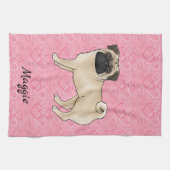 Fawn Pug Dog Schattige Mops en roze harten met naa Theedoek (Horizontaal)