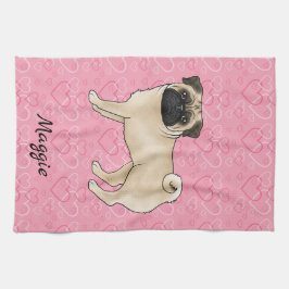 Fawn Pug Dog Schattige Mops en roze harten met naa Theedoek