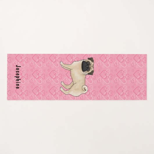 Fawn Pug Dog Schattige Mops en roze harten met naa Yogamat (Voorkant (horizontaal))