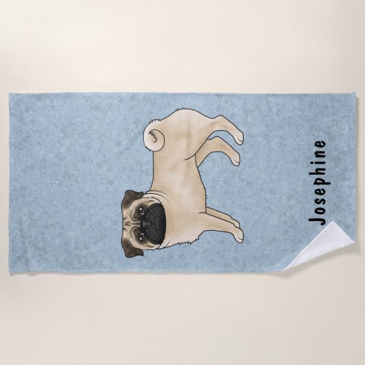 Fawn Pug Dog Schattige Mops Hondenras Design Blauw Strandlaken (Voorkant)
