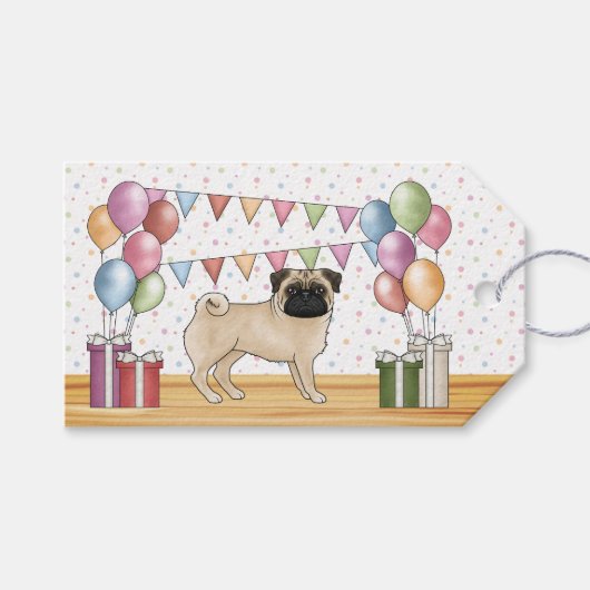 Fawn Pug Hond Kleurrijke Pastel Gelukkige Verjaard Cadeaulabel (Voorkant (Horizontaal))