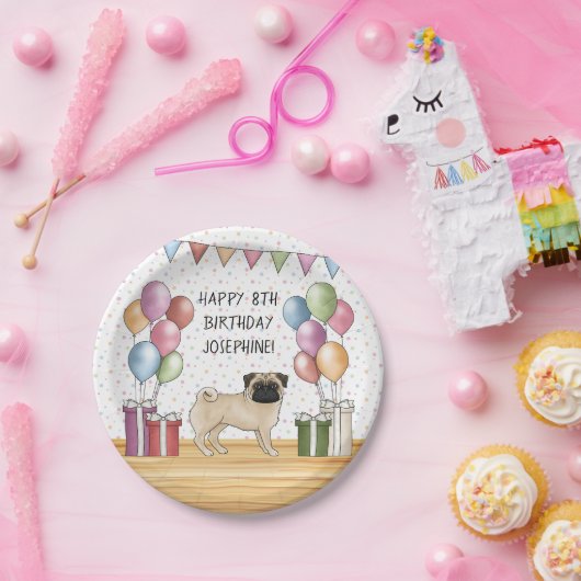 Fawn Pug Hond Kleurrijke Pastels Gelukkige Verjaar Papieren Bordje (Feest)