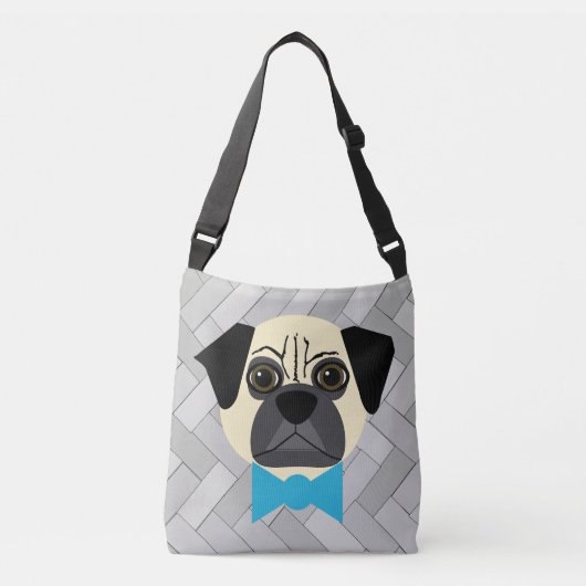 Fawn Pug met strik, visgraat grijs Crossbody Tas (Voorkant)