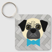 Fawn Pug met strik, visgraat grijs Sleutelhanger (Voorkant)