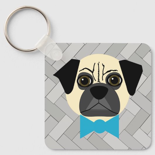Fawn Pug met strik, visgraat grijs Sleutelhanger (Voorkant)