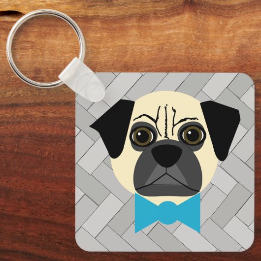 Fawn Pug met strik, visgraat grijs Sleutelhanger (Voorkant)