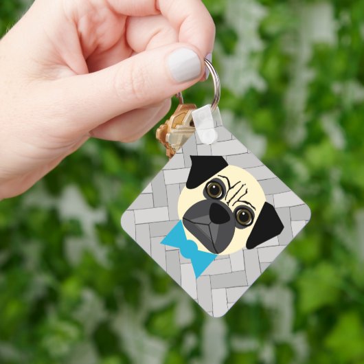Fawn Pug met strik, visgraat grijs Sleutelhanger (Hand)