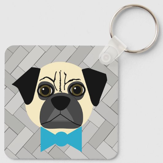 Fawn Pug met strik, visgraat grijs Sleutelhanger (Achterkant)