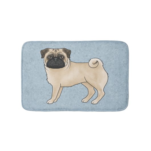 Fawn Pug Mops Breed Dog Cartoon Illustratie Blauw Badmat (Voorkant)