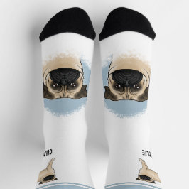 Fawn Pug Mops Hondenras Ontwerp En Naam Blauw Wit Sokken