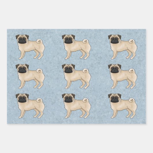 Fawn Pug Mops Hondenras ontwerppatroon op blauw Inpakpapier Vel (Voorkant 3)
