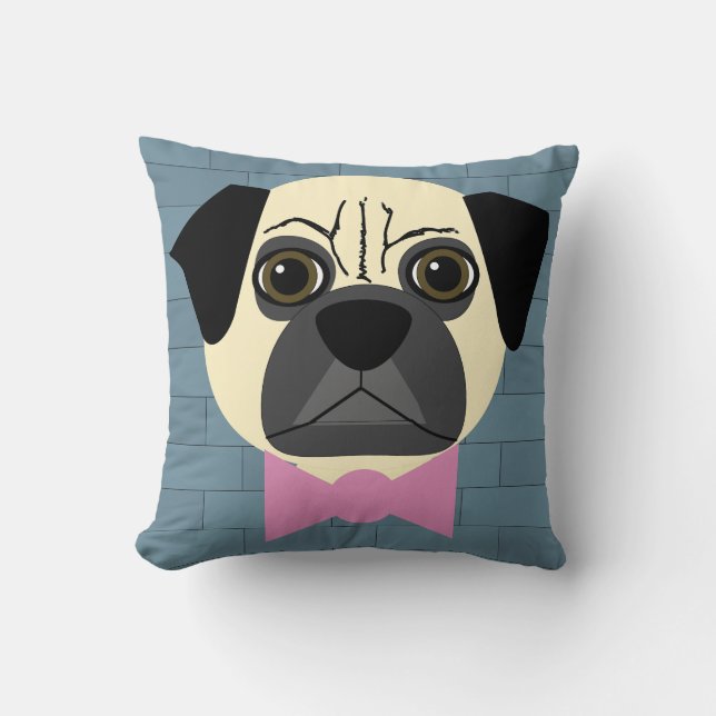 Fawn Pug, Roze Bowtie, Blauwe Brick Kussen (Voorkant)
