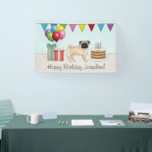 Fawn Pug Schattige Cartoon Dog Kleurrijke Happy Bi Spandoek (Beurs)