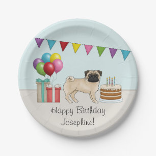 Fawn Pug Schattige Cartoon Dog Kleurrijke Verjaard Papieren Bordje