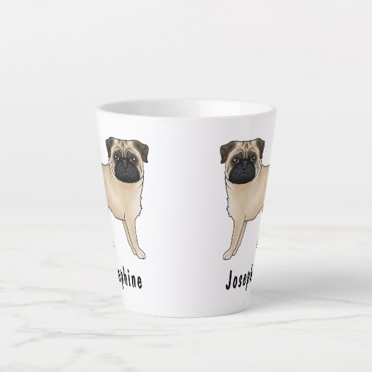 Fawn Pug Schattige Cartoon Dog met aangepaste naam Latte Mok (Voorkant)