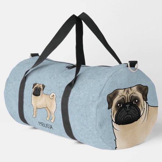 Fawn Pug Schattige Cartoon Dog met aangepaste naam Plunjezak (Linkerhoek)