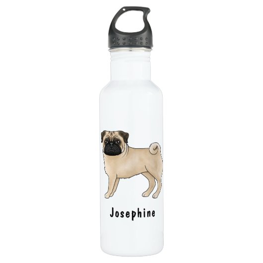 Fawn Pug Schattige Cartoon Dog met aangepaste naam Waterfles (Voorkant)