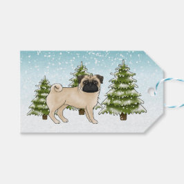 Fawn Pug Schattige Cartoon Dog Snowy Winter Forest Cadeaulabel