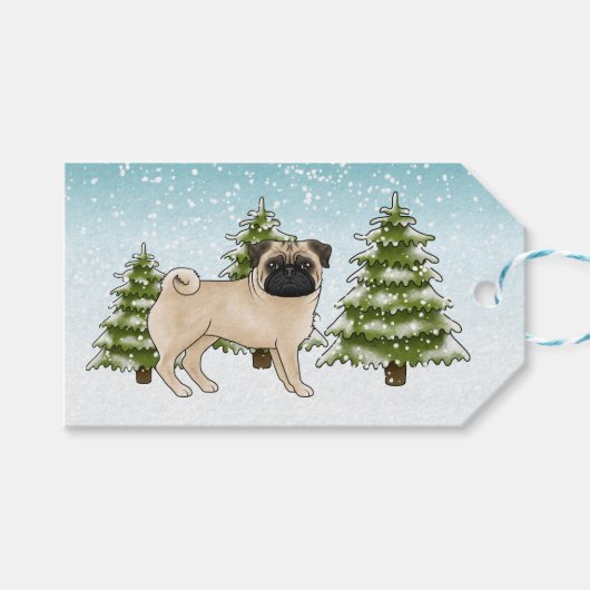 Fawn Pug Schattige Cartoon Dog Snowy Winter Forest Cadeaulabel (Voorkant (Horizontaal))