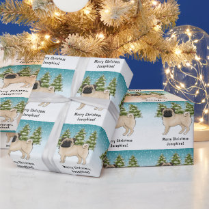 Fawn Pug Schattige Cartoon Dog Snowy Winter Forest Cadeaupapier