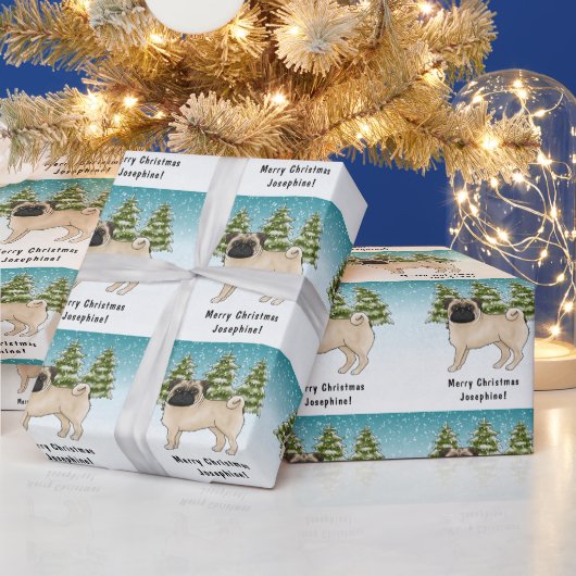 Fawn Pug Schattige Cartoon Dog Snowy Winter Forest Cadeaupapier (Feestdagen)