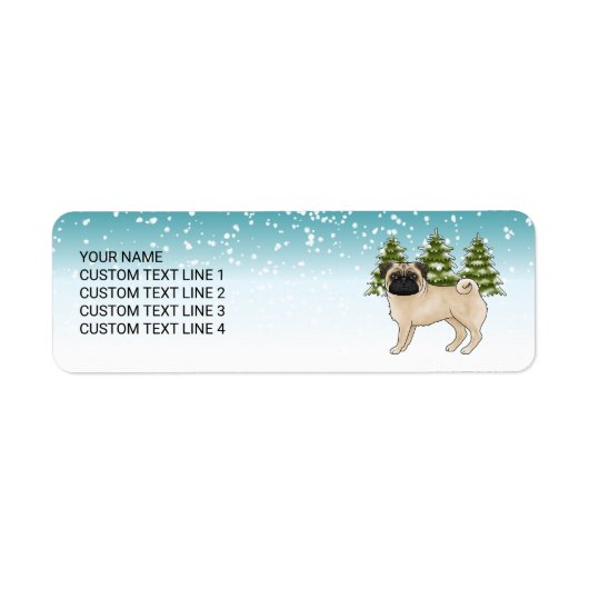Fawn Pug Schattige Cartoon Dog Snowy Winter Forest Etiket (Voorkant)