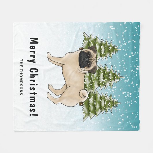 Fawn Pug Schattige Cartoon Dog Snowy Winter Forest Fleece Deken (Voorkant (Horizontaal))