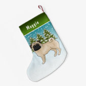 Fawn Pug Schattige Cartoon Dog Snowy Winter Forest Kleine Kerstsok (Achterkant (Hangend))